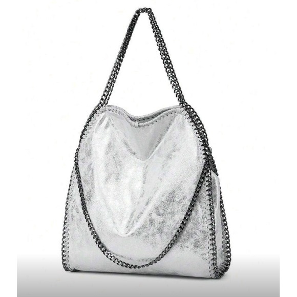 Unbranded Handbags - Silver Metallic Tote Bag Chain Trim Shoulder Bag Unbranded‎